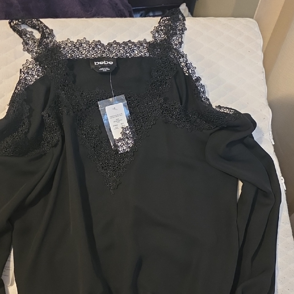 Bebe Black Cold Shoulder Lace Blouse